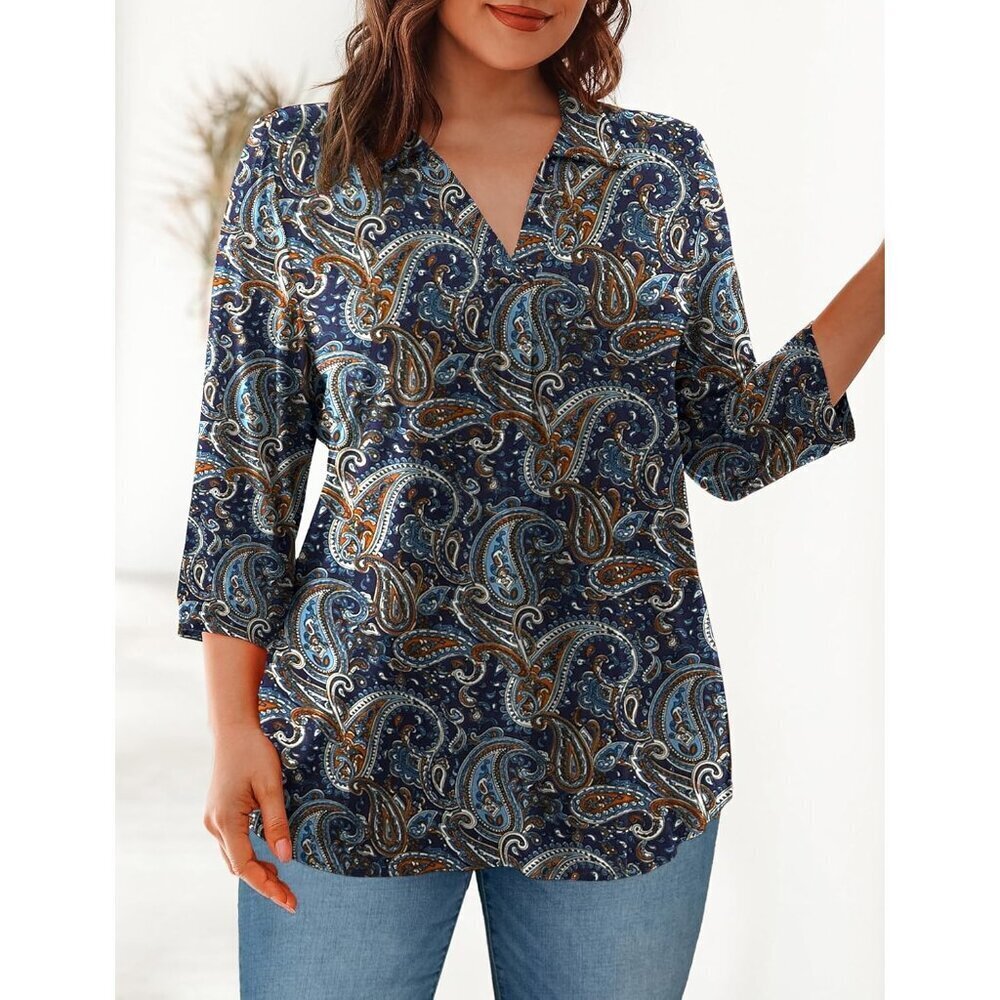Plus Size Women's Tops Rayon Spandex 3/4 Sleeve V Neck Casual Blouse - Picture 3 of 6